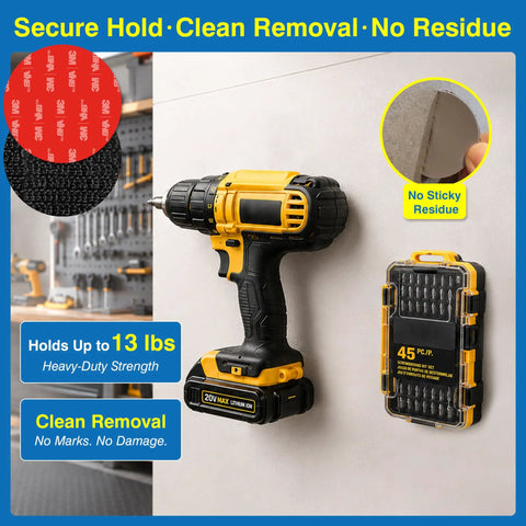 Two Inch Heavy Duty Hook And Loop Circles With Adhesive Eight Sets Industrial Strength Round Fasteners holding drill on wall