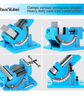 Real Deal 3 Inch Tilting Bench Vise With Beefy Replacement Jaws And Heavy Duty Cast Iron Construction For Secure Drill Press Clamping On Shop Workbenches, showing multiple angles of clamping mechanism.