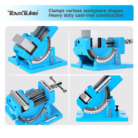 Real Deal 3 Inch Tilting Bench Vise With Beefy Replacement Jaws And Heavy Duty Cast Iron Construction For Secure Drill Press Clamping On Shop Workbenches, showing multiple angles of clamping mechanism.