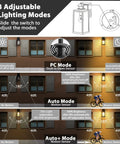 Diagram showing 3 modes of Dusk To Dawn Motion Sensor Porch Light With Built In GFCI Outlet No Fuss Install Waterproof Anti Rust Exterior Wall Mount Outdoor Light With 3 Modes For Your Home Weatherproof Exterior Lighting Bulb Not Included.