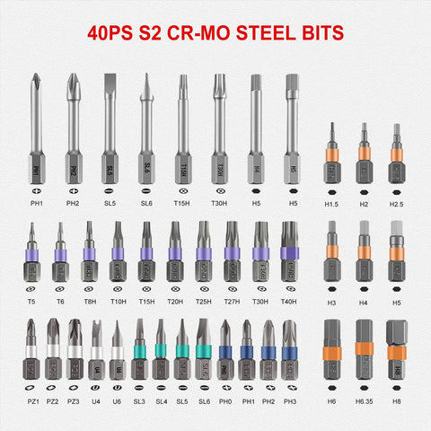42 In 1 Magnetic Screwdriver Set With Storage Case showing 40 piece S2 CR-MO steel bits in various sizes and types.