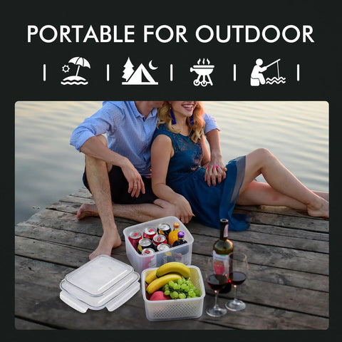 5 Pack Large Fridge Storage Containers Set outdoors with wine and fruit, showcasing leakproof lids and BPA-free material