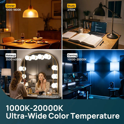 Matter Smart Light Bulbs Dual Band WiFi 6 2.4GHz And 5GHz, Lightning Fast Response, Compatible With Alexa Apple HomeKit Google Home And More, Easy Setup For Smarter Rooms And Cozy Ambience. 1000K-20000K color light bulb for dining, study, makeup, and gaming rooms