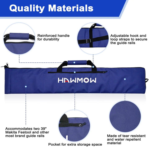 Universal Track Saw Guide Rail Carry Bag Up To 42 Inches for Easy Transport and Protection, showing features and materials.