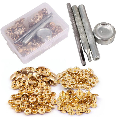 Pale Gold Snap Fasteners Kit For Leather Craft DIY 50 Sets, 200 Pieces, Includes 4 Tools, 10mm Press Studs Button Snaps In Pale Gold Finish