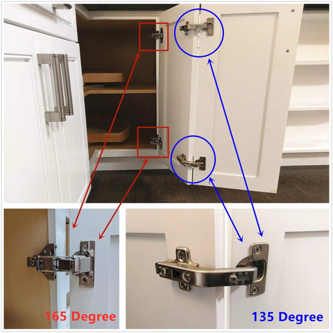 Heavy Duty Clip On Lazy Susan Hinge Set For Corner Cabinets Full Overlay 135 Degree Folding Door Hinges With Screws Replacement Cabinet Hardware For Corner Kitchen Cupboards close-up view with installation examples.