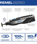 Dremel 8250-5 cordless rotary tool with brushless motor; blue/gray body, 12V battery, charger, and tool bag.