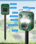 Solar Powered Outdoor Animal Repeller 2 Pack Ultrasonic Pest Deterrent With Motion Sensor And Flashing Light Waterproof Design Usb Charging Dual Power For Your Yard Guard Against Cats Deer Dogs Squirrels Easy Install Green, 18.5 inch stake