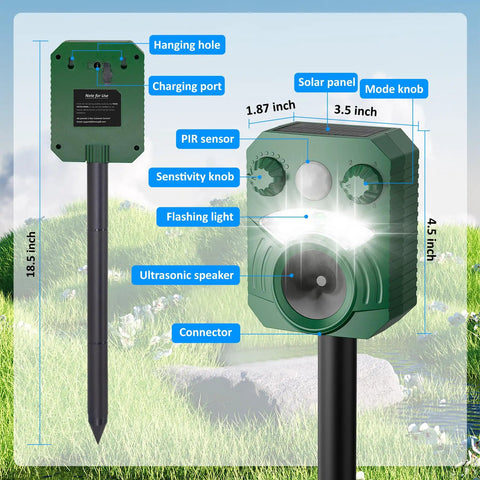 Solar Powered Outdoor Animal Repeller 2 Pack Ultrasonic Pest Deterrent With Motion Sensor And Flashing Light Waterproof Design Usb Charging Dual Power For Your Yard Guard Against Cats Deer Dogs Squirrels Easy Install Green, 18.5 inch stake