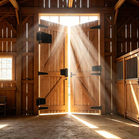 Top Shelf 3.5 Inch Gate Hinges 2 Pack, Straight Up Black Iron T Door Hardware on wooden barn doors.
