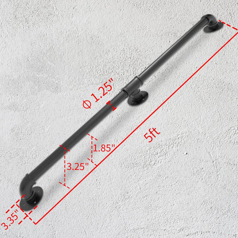 Heavy Duty Industrial Galvanized Pipe Stair Handrail 5 Foot Length With Wall Mounts Black Powder Coat Finish Rustproof And Weatherproof