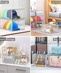 Heavy Duty Super Clear Shoe Organizer With Reinforced Magnetic Front Door Stackable Storage Box for hats and shoe storage.