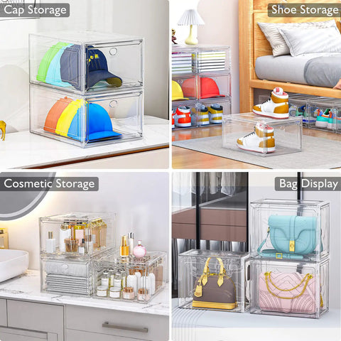 Heavy Duty Super Clear Shoe Organizer With Reinforced Magnetic Front Door Stackable Storage Box for hats and shoe storage.