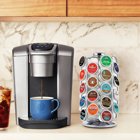 36 Pod Coffee Pod Storage Carousel With 360 Degree Rotation Space Saving Chrome Finish Organizer next to coffee machine