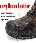 Close-up of water-resistant Crazy Horse leather boot with water pouring over the toe, showcasing durability and construction details.