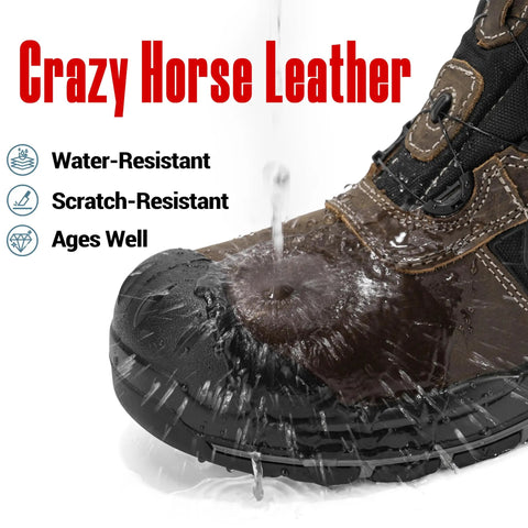 Close-up of water-resistant Crazy Horse leather boot with water pouring over the toe, showcasing durability and construction details.