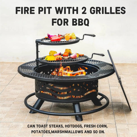 36 Inch Fire Pit With Dual Cooking Grates And Lid For Backyard Grilling And Chill Sessions Outdoor Wood Burning Tabletop Style Pit Steel Round Bonfire Pit With Cover In Black displaying upper and lower grills with food.