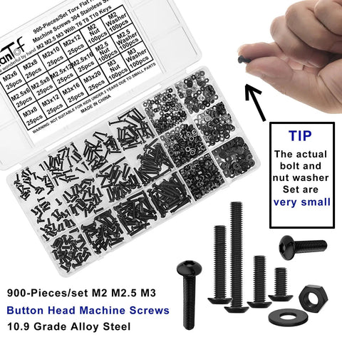 900 Piece Button Head Hex Socket Cap Screw Kit With Hex Keys M2 M2.5 M3 Allen Bolts Nuts Washers 10.9 Grade black oxide kit