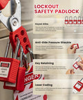 Lockout safety padlock set with red locks, chrome shackles, and safety tags displayed on industrial equipment.