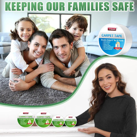 Family on carpet, Heavy Duty Double Sided Carpet Tape For Rugs And Floors 2 Inch By 20 Yards Removable Adhesive White