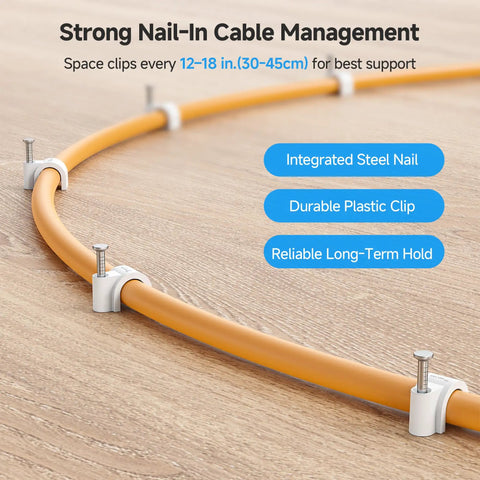 Nail-In Cable Clips Cord Organizer 200-Pack 7mm 0.27 Inch Wall Mount White For Ethernet Coax Speaker USB Cables Easy Install