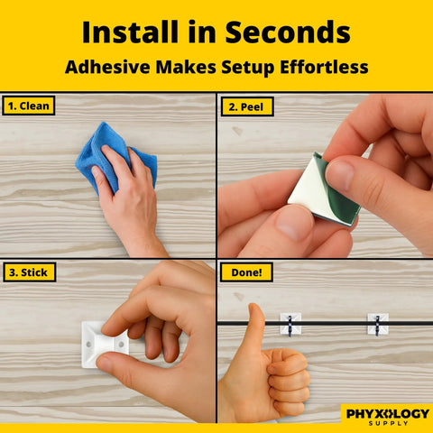 Step-by-step installation of X Large Cable Tie Mounts 100 Pack with adhesive backing or screw holes for wire management.