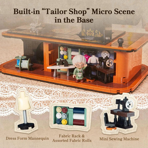 Retro Hand Crank Sewing Machine Brick Model With Functional Gear Linkage And Hidden Tailor Shop Scene, A Dope Collectible Desk Decor Piece And Dope Gift For Adults With A Cool Vintage Vibe