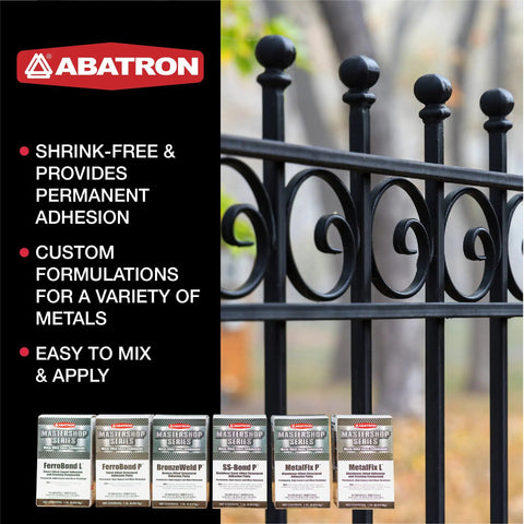 Aluminum-Filled Metal Repair Kit With Epoxy Putty And Structural Adhesive, Gray bottles in front of black metal gate railing.