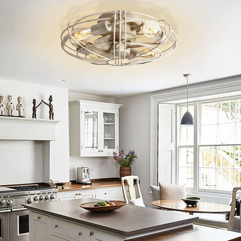Blade-Less Farmhouse Ceiling Fan With Light And Remote Control, Black Finish, Low-Profile Flush Mount in kitchen