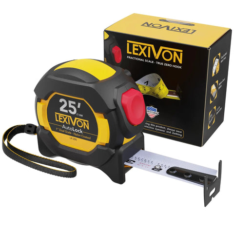 AutoLock Tape Measure 25 Feet 7 And A Half Meters With 1 Inch Nylon Coated Blade Dual Sided White Yellow Matte Scale next to box