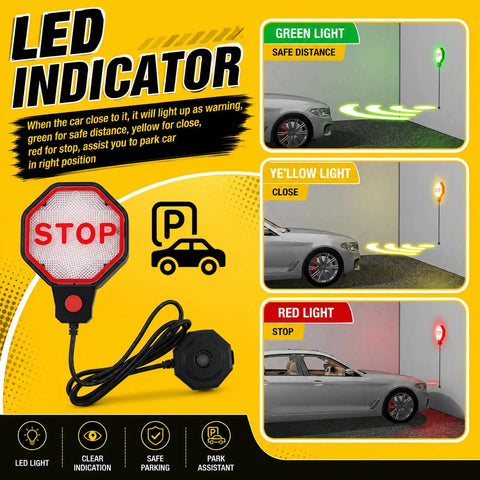 Precision LED Garage Parking Sensor With Adjustable Range And Bright Red Yellow Green Light Feedback For Dead Simple Car Stop And No Sweat Parking In Tight Spots - LED indicator showing safe distance, close, and stop with car.