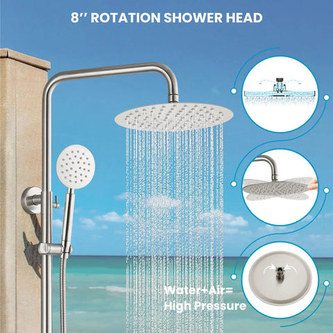 Outdoor Shower System High Pressure Dual Function Wall Mount Rig, SUS304 Stainless Steel, Brushed Nickel Finish with spray