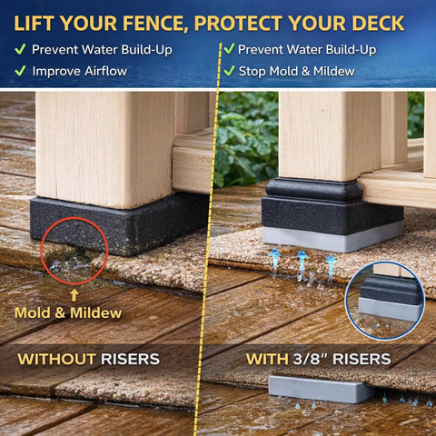 32 Piece Pontoon Fence Riser Kit For Pontoon Boat Rail Spacers Three Eighths Inch Nylon Gray Improve Water Flow Under Deck Prevent Pooling And Extend Boat Life shown in use on a deck.