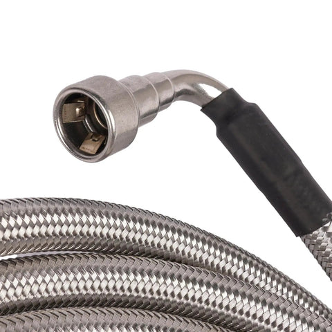 Built Tough Stainless Fuel Line Kit Replacement For Chevy Monte Carlo And Impala 2006-2011 With Silver Finish And Rock-Solid Durability To Fix Those Bad Gas Leaks Fast. braided stainless steel fuel line with angled metal fitting and black protective sleeve