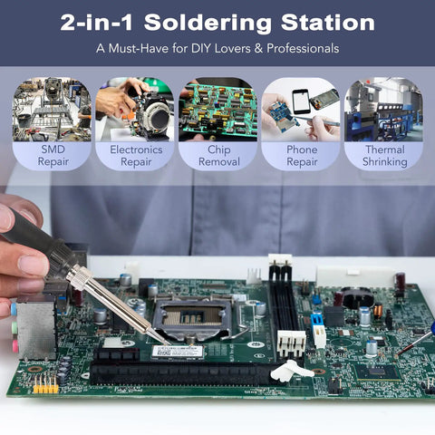 Person using soldering tool on circuit board, showcasing All In One Soldering and Hot Air Rework Station 750W Digital Temperature Control SMD Rework.