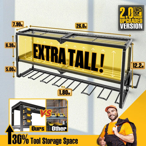 Power Tool Organizer For Gear Storage And Wall Mounted Drill Holder With Screwdriver Organizer For Garage Heavy Duty Metal Tool Shelf With Battery Holder And 320 Pound Load Capacity showing dimensions and storage space comparison
