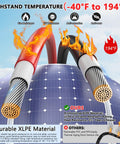 Two Pack Fifty Foot 10 AWG Solar Panel Extension Cables With Waterproof Male And Female Connectors For RVs And Photovoltaic Systems, Heavy Duty Outdoor Solar Wiring For Easy Flexible Setup showing fire and UV resistance.