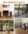 Extra Wide 60 Inch Free Standing Dog Gate For Home Doorways Rock Solid Metal Pet Fence With Double Lock and Walk Through Door, in various setups.