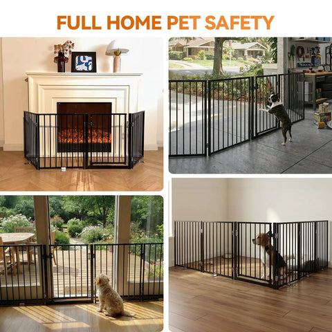 Extra Wide 60 Inch Free Standing Dog Gate For Home Doorways Rock Solid Metal Pet Fence With Double Lock and Walk Through Door, in various setups.