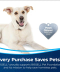 Happy dog lying next to a heart-shaped tag, promoting Bissell's support for pet foundations.