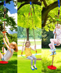 Children playing on Two Pack Multicolor Rope Swing Set with Red Disc Seats and Platform Swing for outdoor tree house playground.