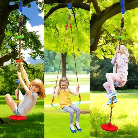 Children playing on Two Pack Multicolor Rope Swing Set with Red Disc Seats and Platform Swing for outdoor tree house playground.