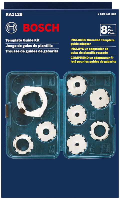 8 Piece Router Template Guide Set With Quick Change Adapter for Tool Free Swaps, visible in blue packaging, model RA1128