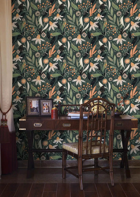 Dark Green Boho Peel and Stick Wallpaper Removable Floral Botanical Print for Bathrooms and Living Spaces, office scene