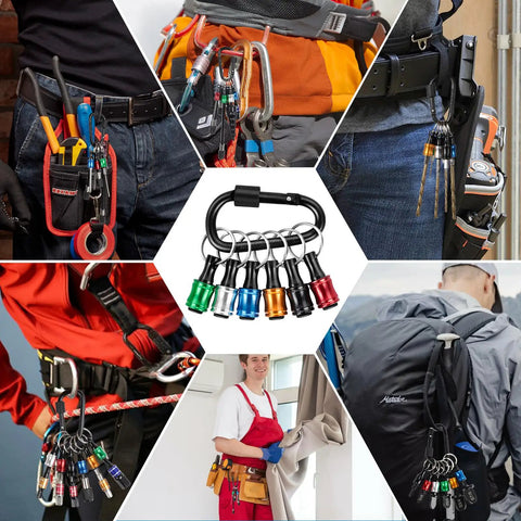 One Quarter Inch Bit Holder Keychain Set Of 6 Quick Release Hex Shank Bit Holders for nut driver, screwdriver and drill bits with carabiner, shown in various usage scenarios.