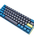 Kickass Sixty Percent Compact Mechanical Keyboard With Hot Swappable Top Tier Keys And Double Shot PBT Keycaps Dual Layer Sound Dampened Construction Plus Custom RGB Lighting For Daily Typing And Gaming Vibes That Totally Slam viewed at angle showing blue and gray keycaps.