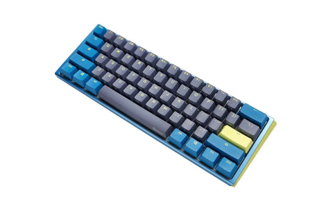 Kickass Sixty Percent Compact Mechanical Keyboard With Hot Swappable Top Tier Keys And Double Shot PBT Keycaps Dual Layer Sound Dampened Construction Plus Custom RGB Lighting For Daily Typing And Gaming Vibes That Totally Slam viewed at angle showing blue and gray keycaps.