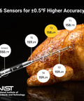Smart Bluetooth Wireless Meat Thermometer With Standalone Display Base No App Required 10X Sub 1G Signal Stability Ultra Accurate To Within 0.5 Degrees Fahrenheit For Bbq Oven Grill And Smoker showing six temperature sensors on roasted chicken.