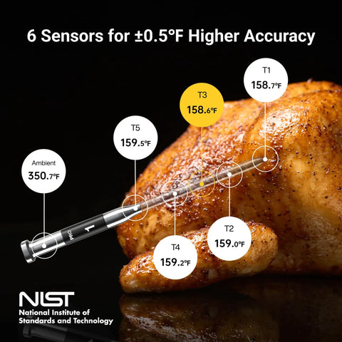 Smart Bluetooth Wireless Meat Thermometer With Standalone Display Base No App Required 10X Sub 1G Signal Stability Ultra Accurate To Within 0.5 Degrees Fahrenheit For Bbq Oven Grill And Smoker showing six temperature sensors on roasted chicken.