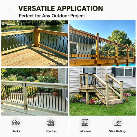 Heavy Duty Weather Resistant Deck Baluster Kit Rock Solid Cast Iron Railing Posts Built Like A Tank With Mounting Hardware For Porch Stairs And Backyard Decks 61 Pack 32 Inches displayed on decks, porches, balconies, and stairs.